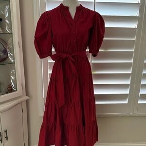 En Saison red Tiered Midi Dress with Waist Tie